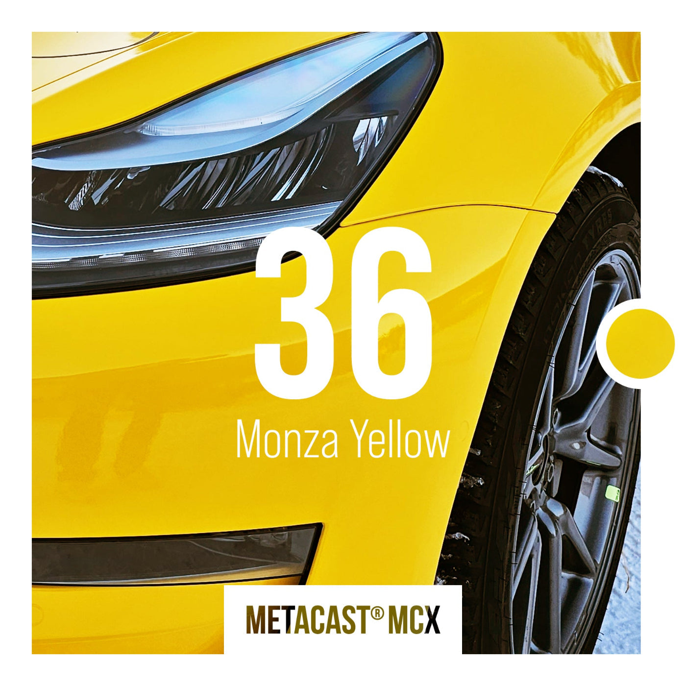 Close-up of a yellow car with '36 Monza Yellow' text and Metacast MCX branding.